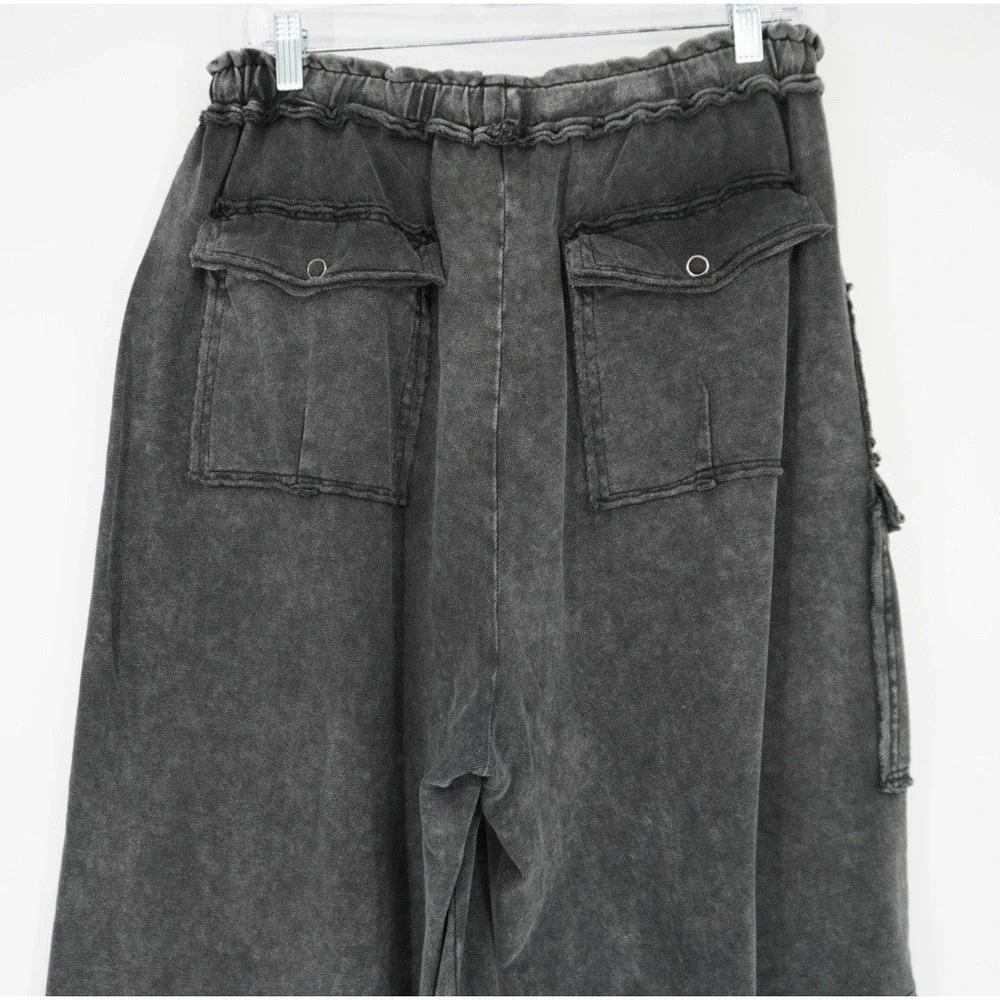 Easel Womens Utility Mineral Washed Wide Leg Terry Knit Cargo Pant Black Large - Picture 14 of 15